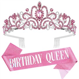 Birthday Crown Sash Set Queen Tiaras Rhinestone Princess Crown Pink Crystal Crown with Birthday Girl Sash Birthday Queen Birthday Tiara Hair Accessories for Women Gifts, Alloy, stainless steel, No