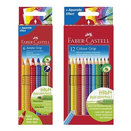 Faber-Castell Jumbo Grip 110906 Coloured Pencils Pack of 6 in Cardboard Case, 6er Jumbo Grip + 12er Colour Grip, yellow, 1