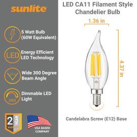 Sunlite 41357 LED Filament CA11 Flame Tip Chandelier Light Bulb 5 Watts (60W Equivalent), 600 Lumens, Candelabra Base (E12), Edison Style, Dimmable, ETL Listed, 6 Pack, 5000K-Super White