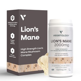 Vegetology Lions Mane Supplement, 2000mg High Strength Mushroom Complex with B Vitamins and Black Pepper, Supports Mental Clarity, Energy & Nervous System, 60 Vegan Capsules, Age 11+