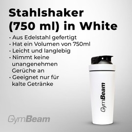 GymBeam GymBeam Edelstahl Protein Shaker C 750 ml, auslaufsicher, BPA-frei, mit Messskala & Mixsieb C langlebig, geruchsneutral, sp1lmaschinengeeignet C f1r Protein- & Sportgetr?nke (White)