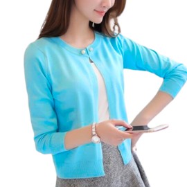 YasYouRi Women's Knit Cardigan, Office Air Conditioning, Long Sleeve, Thin, Pearl Accent, Short Length, Simple, Basic, blue (sky blue)