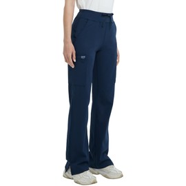 QBK High Rise Yoga Scrub Pants Women - Straight Wide Leg Uniform Pants with Cargo Pocket, Anti-Wrinkle & Knit Yoga Waistband (Regular, Navy, XL)