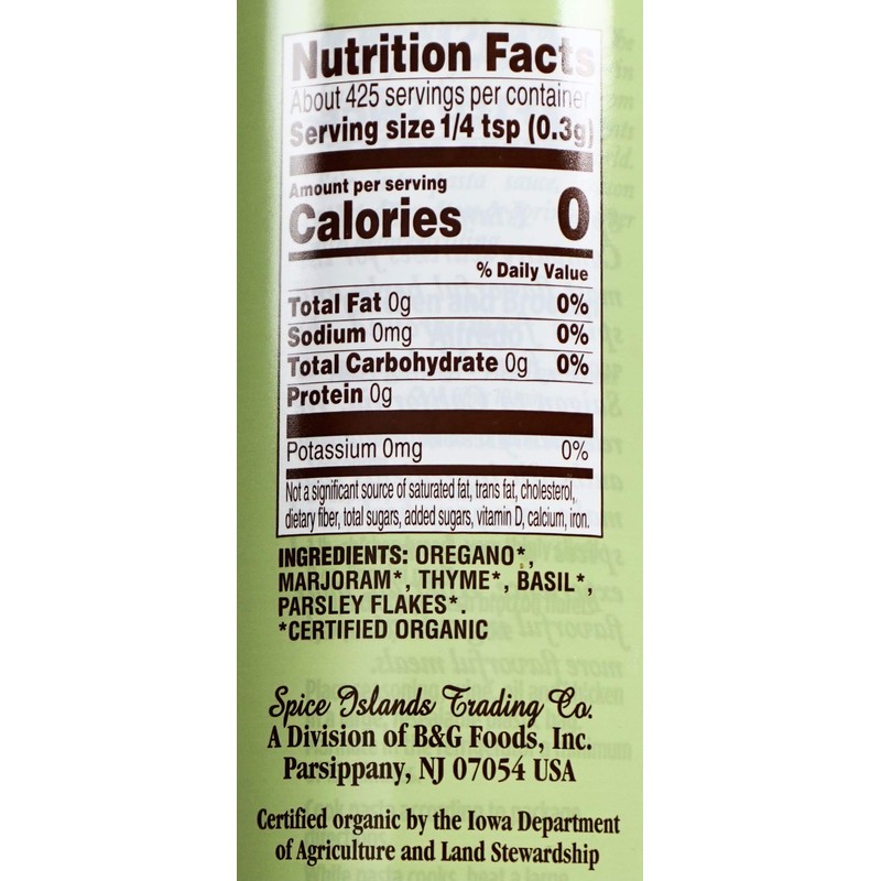 Spice Islands Organic Italian Seasoning Salt-Free Gluten-Free, 4.5 Ounce