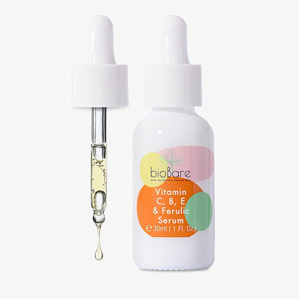 Vitamin C B E, and Ferulic Serum For Face By BioBare | 20% Pure Vitamin C W/Hyaluronic Acid | Helps Keep Skin Young, Moist, Bright & Glowing | Helps With Fine Lines, Wrinkles, Dark Spots | 1Fl Oz