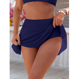 SHEKINI Bañadores Inferiores de Bikini de Cintura Alta para Mujeres, Falda de baño con Volantes, Control Abdominal, Falda de baño con Malla Transparente(Azul, XL)