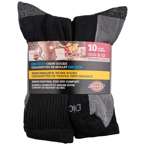 Dickies Men's 10 Pack Dri-Tech Crew Socks, Performance Work Socks,