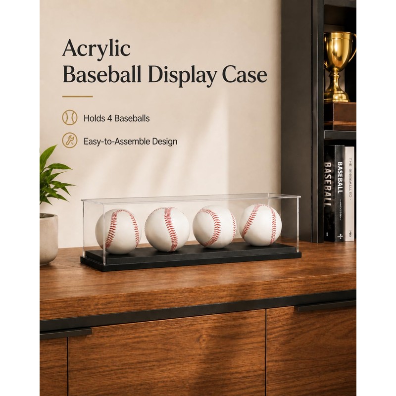 Baseball Display Case for 4 Baseballs, Clear Acrylic Baseball Display