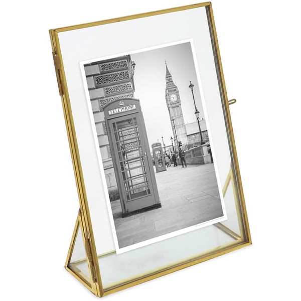 Isaac Jacobs 5x7, Antique Gold, Vintage Style Brass and Glass, Floating Photo Frame, Metal, (Vertical), with Locket Closure and Angled Base, for Pictures, Art, Mementos, Keepsakes (5x7, Antique Gold)