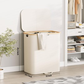 XLHOMO 160L Double Laundry Hamper with Lid, Dirty Clothes Hamper with 2 Removable Bags, Beige Laundry Hamper 2 section with Bamboo Handles Easy to Carry for Bedroom, Bathroom, Dorm, College