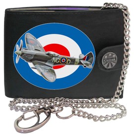 Klassek Spitfire Flying Royal Aireforce WW2 Mens Wallet with Chain Real Leather RFID Blocking with Coin Pocket and Metal Gift Box