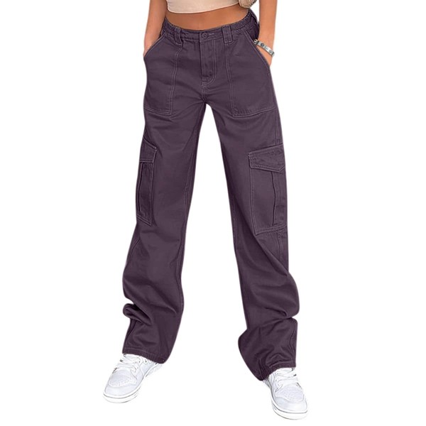 High Waist Baggy Cargo Jeans for Women Flap Pocket Relaxed Fit Straight Wide Leg Y2K Fashion Jeans Purple