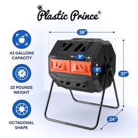 PLASTIC PRINCE 43 Gallon Garden Compost Bin Outdoor Dual Chamber Compost Tumbler Rotating Backyard Composter Tumbling Barrel Mixer Outside, Large, Orange