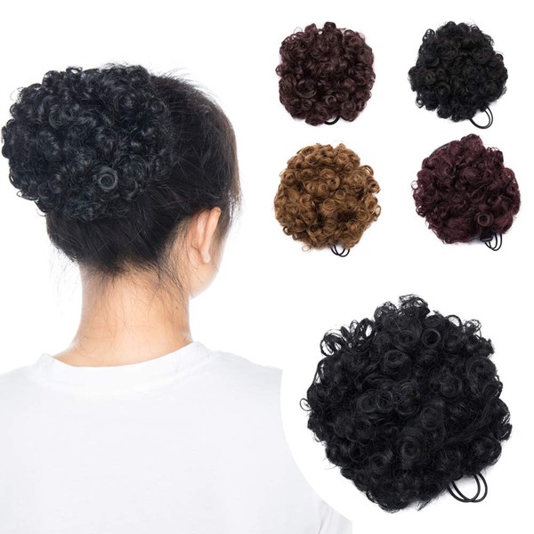 Hairro Afro Kinky Curly Hair Buns for Black Women Japanese Synthetic Hair Wavy Drawstring Puff Ponytail Small Updo Bun Hairpiece with Combs 1B Black