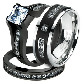 Marimor Jewelry His and Her Black Plated Stainless Steel Bridal Ring Set and Titanium Wedding Band Women's Size 07 Men's Size 07