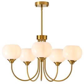 FEAZAC Modern Globe Chandelier 5 Light Mid Century White Milk Glass Vintage Sputnik Hanging Chandeliers Gold Pendant Light Fixtures for Dining Room Kitchen Living Room Bedroom