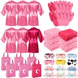 Bonuci 36 Pcs Spa Party Supplies for Girls Birthday 6 Set Sleepover Party Satin Robes 6 Slumber Throw Blankets Kids Kit Pack(Pink and Rose Red)