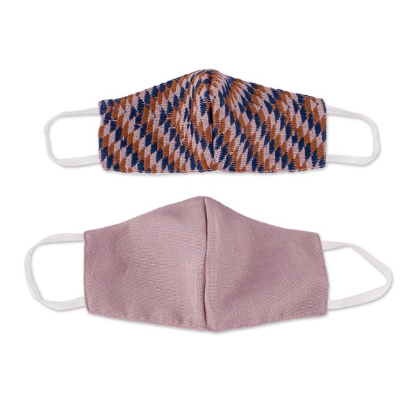 NOVICA Artisan Handwoven Cotton Face Masks 2 in Bluebrown Brocade