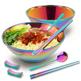 DOCBLACK Ramen Noodle Bowl, 2 Set (8PCS) Stainless Steel Japanese Style Soup Bowls and Spoons Set with Chopsticks & Chopsticks Holders for Udon Soba Pho Asian Noodles (Rainbow)