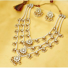 Aheli Ethnic Layered Faux Pearl Kundan Collar Arete Set Tradicional Indio Rani Har Boda Bollywood Party Joyería para Mujeres