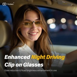 Goiteia Polarised Clip on Night Driving Glasses for Men Women,2-in-1 Brown-Yellow Lens Block 90% of Headlights Glare,Easy to Flip up with One Hand