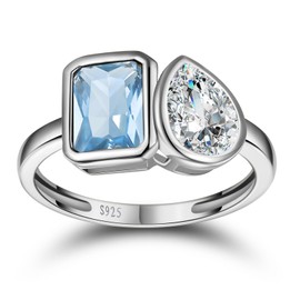 Yaresul Toi Et Moi Ring 925 Sterling Silver Aquamarine Engagement Ring For Women 6x8mm Double Stone Ring Emerald Shape & Pear Cut Cubic Zirconia Wedding Ring Width Band 1.9mm - Size 7