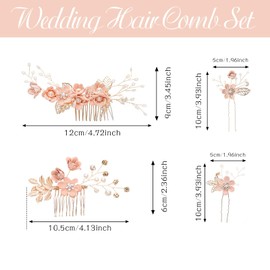 UHOMENY 4PCS Wedding Hair Pins, Bridal Pearl Hair Side Combs Set Floral Leaf Head Piece Hairdecor Accessories Rose Gold Rhinestone Handmade Bridesmaid Hair Clip Crystal Headpiece Set for Women Girls