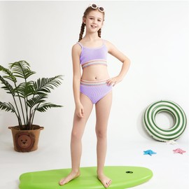 Weixinbuy - Traje de baño para niñas con bloques de color, correa ajustable, dos piezas, traje de baño de playa para niñas de 9 a 16 años, Púrpura, 9-10 Años