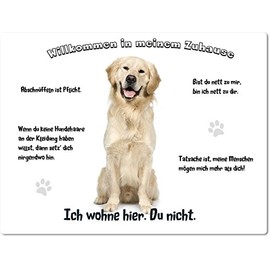 Merchandise for Fans Tin Sign / Warning Sign / Door Sign Aluminium 15 x 20 cm Welcome to My Home Motif Golden Retriever Labrador Sitting 01