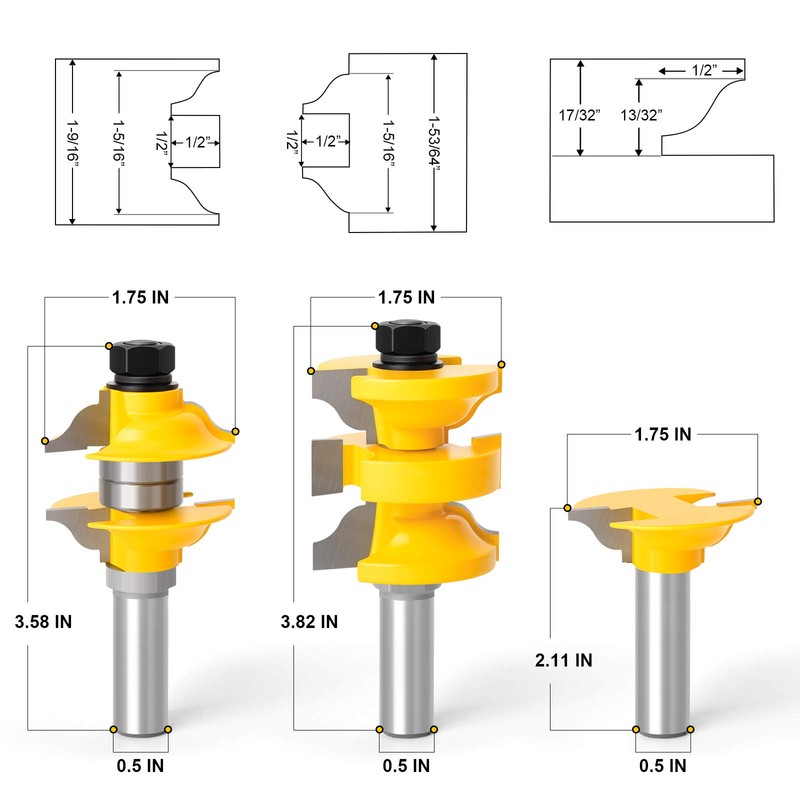 MEIGGTOOL Router Bit Set 1/2-Inch Shank, 3Pcs/Set Extended Tenon Entry