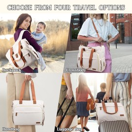 Pripher 4 in 1 Diaper Bag Backpack, Diaper Bag Backpack for Baby, Travel Diaper Bag Converts into Backpack with Shoulder Straps, Mom Bag for Hospital with 14 Pockets-3 Insulated Pockets White&Beige