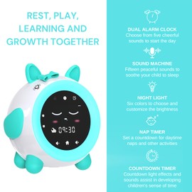 GOFYME Ok to Wake Clock,Children's Sleep Trainer, Baby Sleep Sound Machine with Night Light, Dual Alarm Clock, Countdown Clock,Gifts for Toddler and Boys Girls Teens (Green)