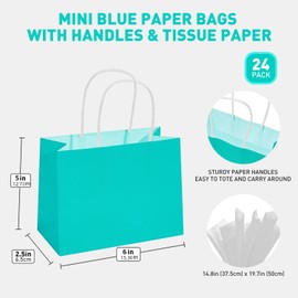 DjinnGlory 24 Pack Mini Tiny Teal Paper Gift Bags (Turquoise Aqua Blue) with White Tissue Paper for Summer Pool Party Supplies, Small Merchandises, 6x5x2.5 Inch