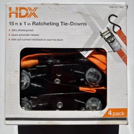HDX 4-pack, 15 ft x 1in Ratcheting Tie-Downs, Brand New In Box