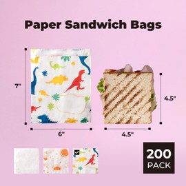 Fit Meal Prep 200 Pack Paper Sandwich Bags Sealable 7 x 6", Dinosaurs Greaseproof Paper Snack Bag, Food Grade Pastry Bag, Recyclable Small Paper Bags, Cookie Sleeves, Food Packaging for Bakery, Donut