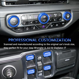 SENSHINE Knob Cover for Jeep Wrangler JL JLU Accessories 2024 2025 Gladiator JT 2024 2025 Window Switch Button Cover Volume Radio Headlight Switch Knob Covers AC Vent Outlet Trim Rings, 10 Pcs (Blue)