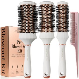 Lily England Round Hair Brush Set, 4 Pieces Professional Blow Dry Kit with 3 Round Brushes and Comb for Styling, Beauty Gift Sets for Women