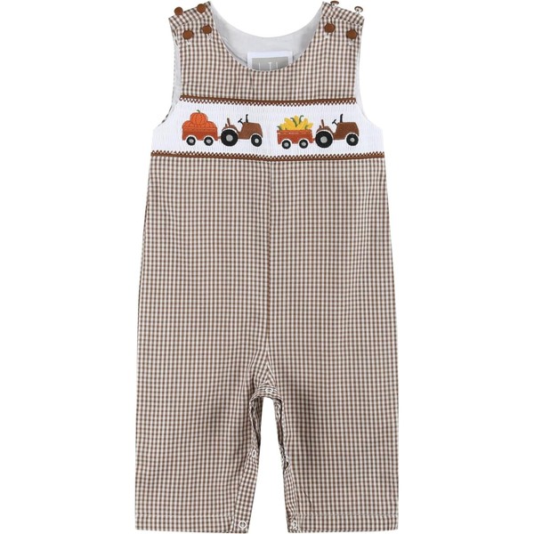 Lil cactus Brown Gingham Pumpkin and Corn Tractor Smocked Overalls,