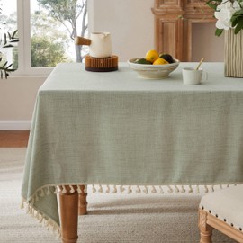 YZJZEDS - Mantel de lino con borlas, estilo granja verde claro, manteles de arpillera resistentes al agua para mesa cuadrada, 60 x 84 pulgadas, color café claro