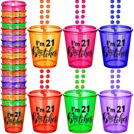 Yinkin 12 Pack Shot Glass Necklace Birthday Decorations Finally 21st Birthday Shot Glass on Beaded Legal Plastic Necklace for Party Supplies 6 Colors(I Am)