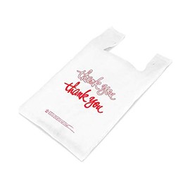 100 Pack - Printed Grocery Bags - 'Thank you" script - Plastic T Shirt Togo Shopping bags by Brilliant Bag Co - 12"x7"x22" fits standard bag holder (Thank you script)