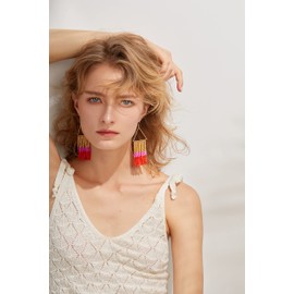 Handmade Beaded Tassel Earrings - Statement Seed Bead Earrings, Boho Beaded Fringe Drop Earrings for Women (TRIANGLE GOLD RED)