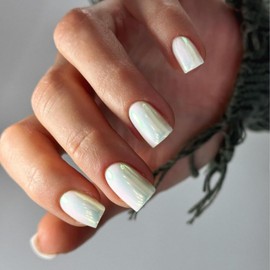 Chrome Glazed Donut Press on Nails Short Square Shaped - White Short Gel Nails Press ons Glossy Shiny Acrylic Nails Reusable Fake Nails for Women, Glue on Nails Short Square Thick False Nails 24Pcs