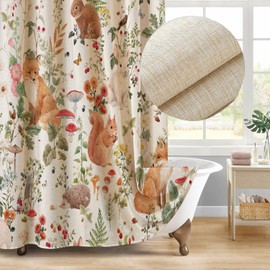 Jimuzi Rustic Botanical Shower Curtain Wildlife Forest Animals and Plants Fabric Shower Curtain Set with Hooks, Woodland Cabin Lodge Shower Curtains for Bathroom, 71x71 Cute Bath Curtain