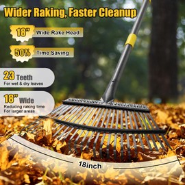 Rake for Leaves: Heavy Duty Metal Leaf Rake with 25 Tines- 18" Wide Head, 79" Splicing Handle, Durable Steel Yard Lawn, Garden,Camping Clean Gardening Tools for Thatch Grass Leaves Gravels Mulch