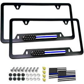 Aootf Police Thin Blue Line License Plate Frames- 2 Pack American Flag Matte Black Aluminum Patriotic Car Tag Cover Holder with Mount Screw Caps, Car Accessories for Officers Men Law Enforcement