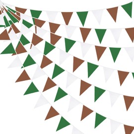32Ft Green Brown White Party Decorations Brown Green Pennant Banner Fabric Triangle Flag Bunting Garland Streamers for Football Camping Birthday Baby Shower Jungle Safari Rugby Sport Party Decor
