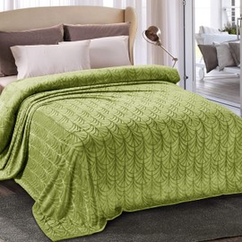 Whale Flotilla Flannel Fleece Twin Size Blanket for Bed, Soft Fluffy Velvet Bedspread Coverlet with Decorative Vintage Pattern for All Season, Warm and Lightweight, 60x80 Inch, Olive Green