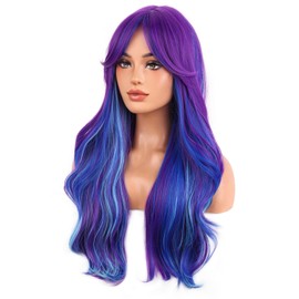 Dark Purple and Blue Wig for Women Girls Long Curly Wave Wig with Bangs Two Tone Wavy Heat Resistant Synthetic Wigs Cosplay Costume Party or Daily Use
