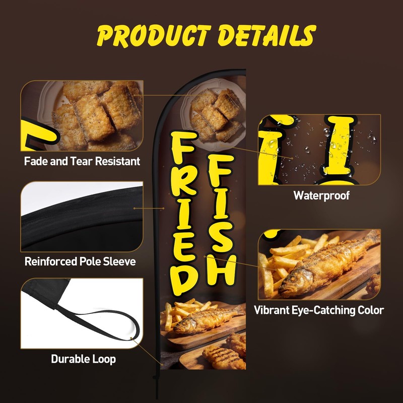 Fried Fish Feather Flag, 8.2ft Fried Fish Flag with Aluminum